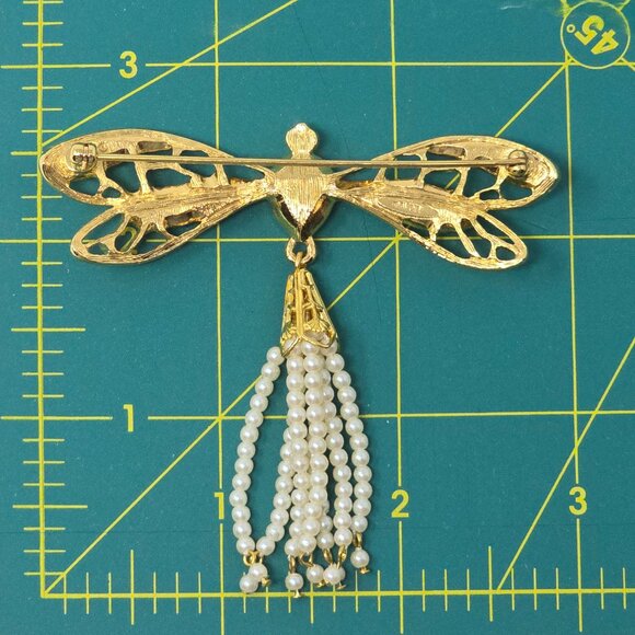 Vintage Avon Dragonfly Brooch Pink Stone Articulating Pearl Tassel - Picture 8 of 9